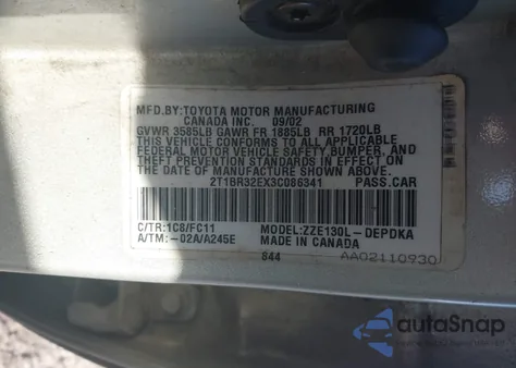 2003 Toyota Corolla Ce z USA, uszkodzony, nr VIN 2T1BR32EX3C086341